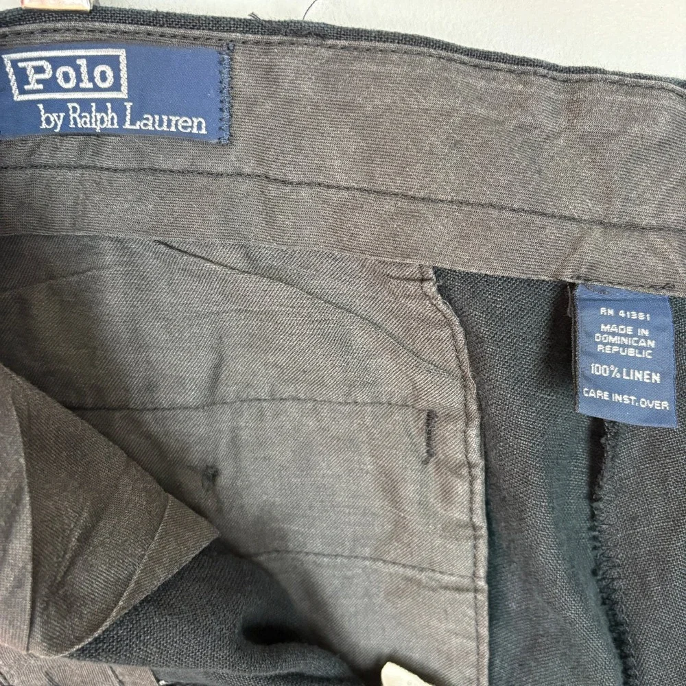 Polo Ralph Lauren Mens Linen Pants 36x32 Black Pleated Cuffed Trousers Vintage